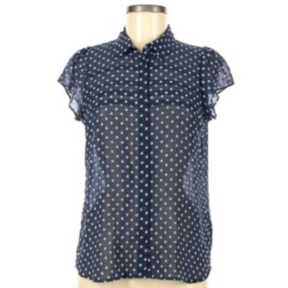 Maison Jules Women's Navy Polka Dot Flutter Sleeve Blouse Size Large - Picture 1 of 6